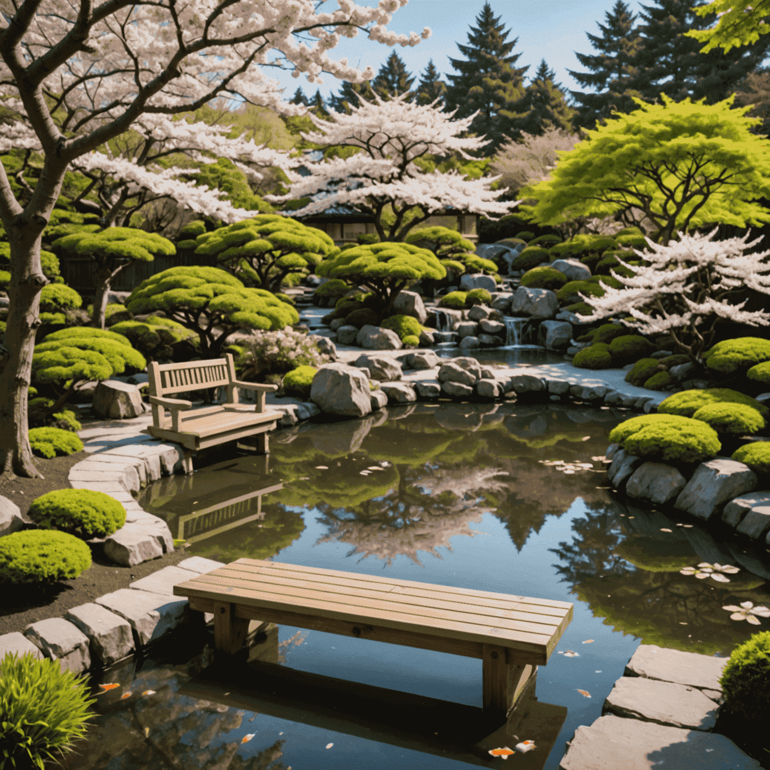 A serene Japanese garden with a traditional wooden bench, surrounded by cherry blossom trees and a small koi pond, symbolizing peace and tranquility in senior living