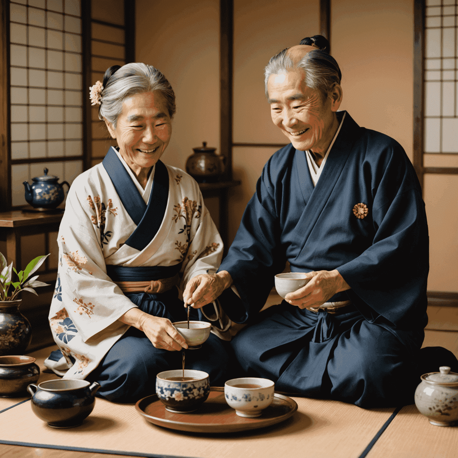 An elderly Japanese couple smiling while engaging in a traditional tea ceremony, symbolizing the concept of ikigai and finding purpose in retirement