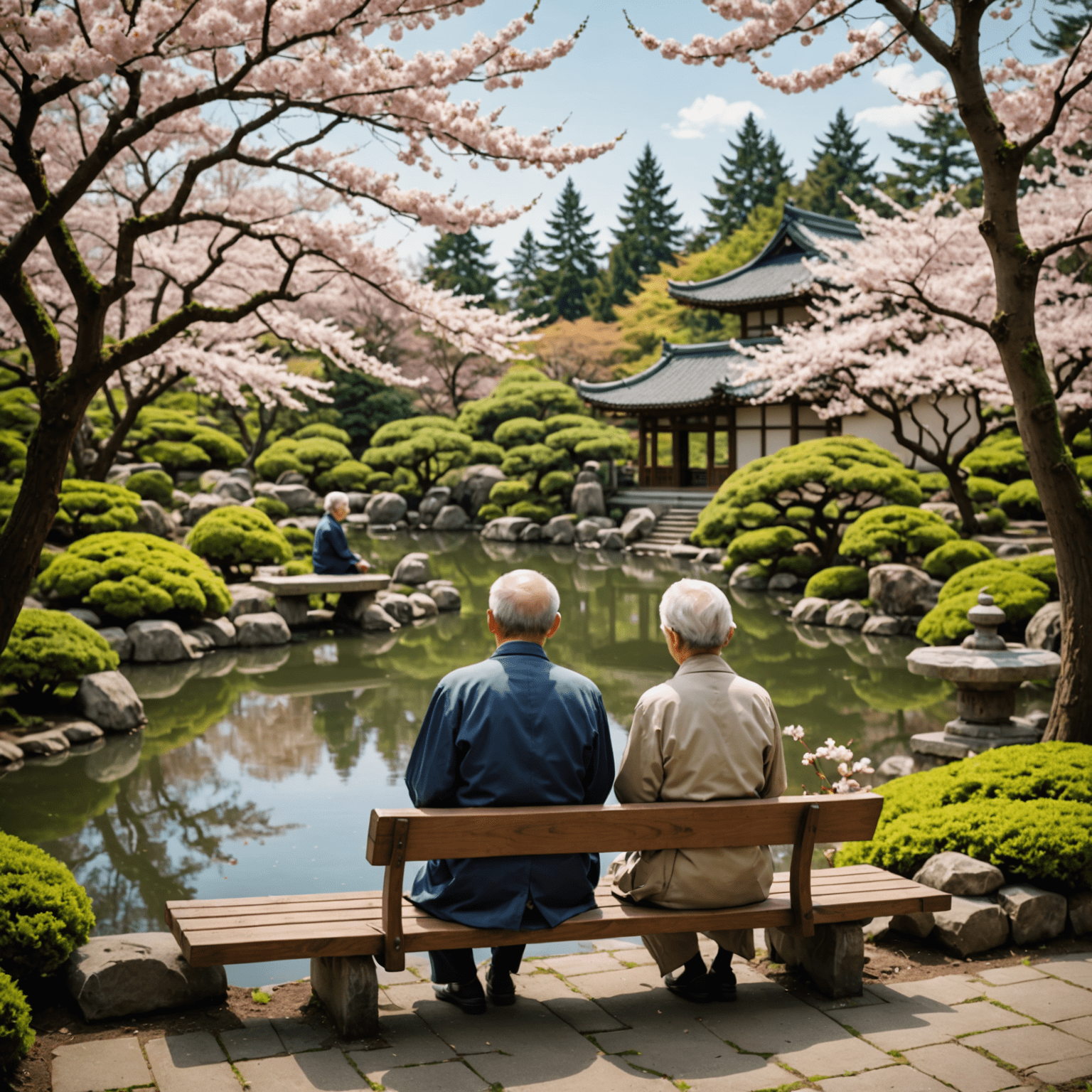 A serene Japanese garden with a elderly couple sitting on a bench, enjoying the view of a koi pond and cherry blossom trees. The image represents finding peace and purpose in retirement.