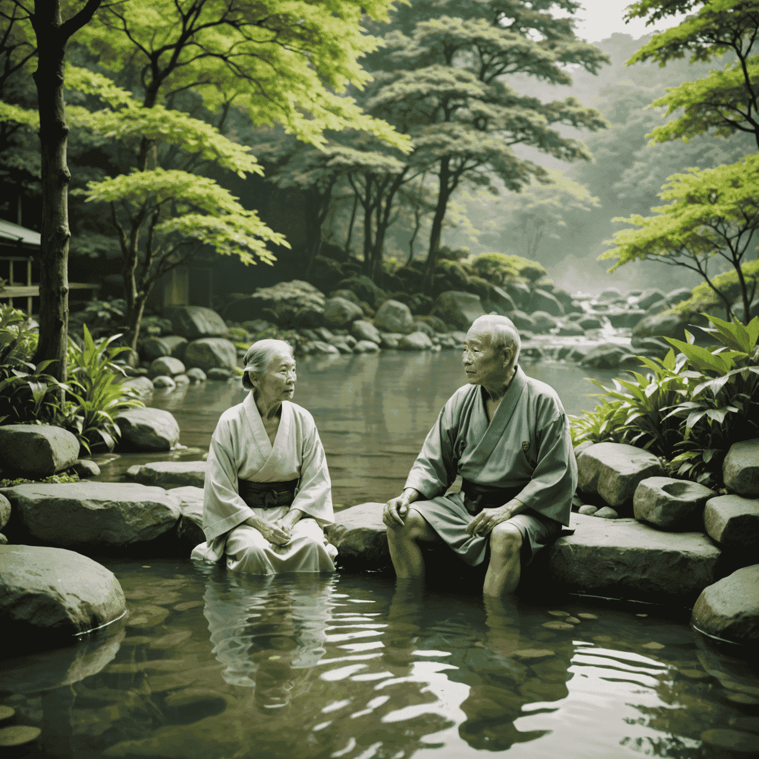 A serene outdoor onsen surrounded by lush greenery, with an elderly couple relaxing in the steaming waters, their faces expressing peace and contentment
