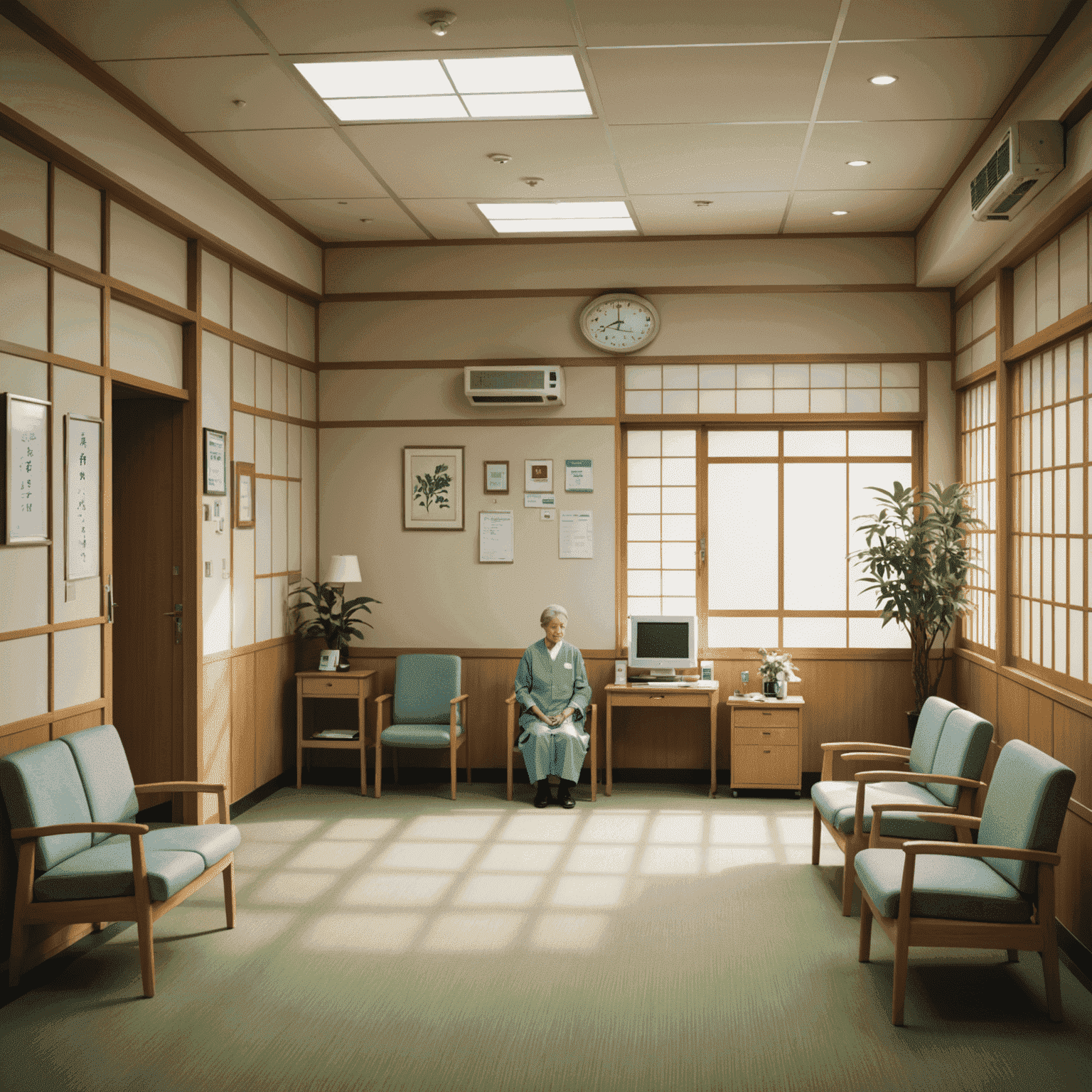 A serene Japanese hospital waiting room with elderly patients and caring staff, showcasing modern medical equipment and traditional Japanese design elements