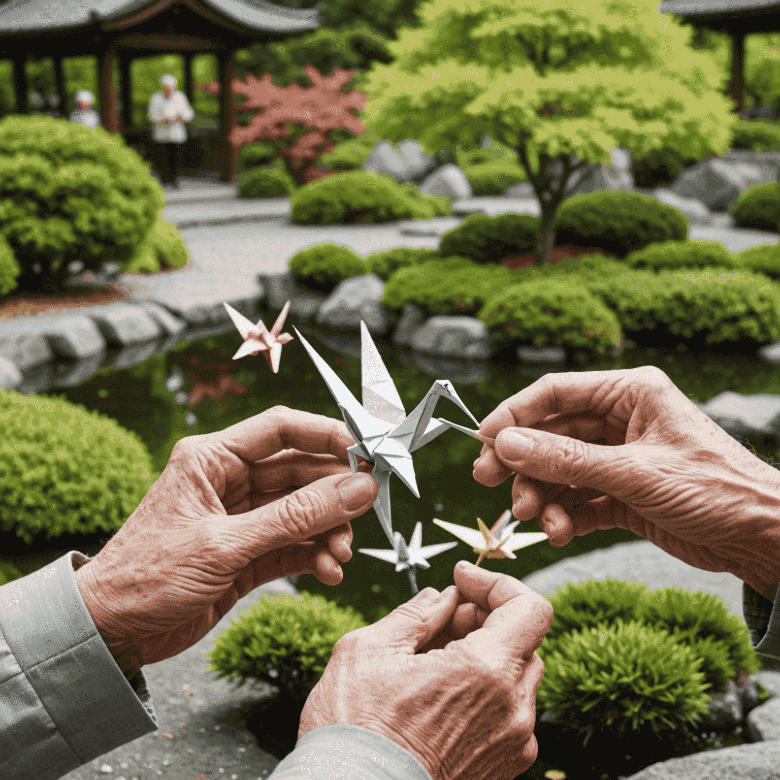 Senior hands folding an origami crane with a beautiful Japanese garden in the background
