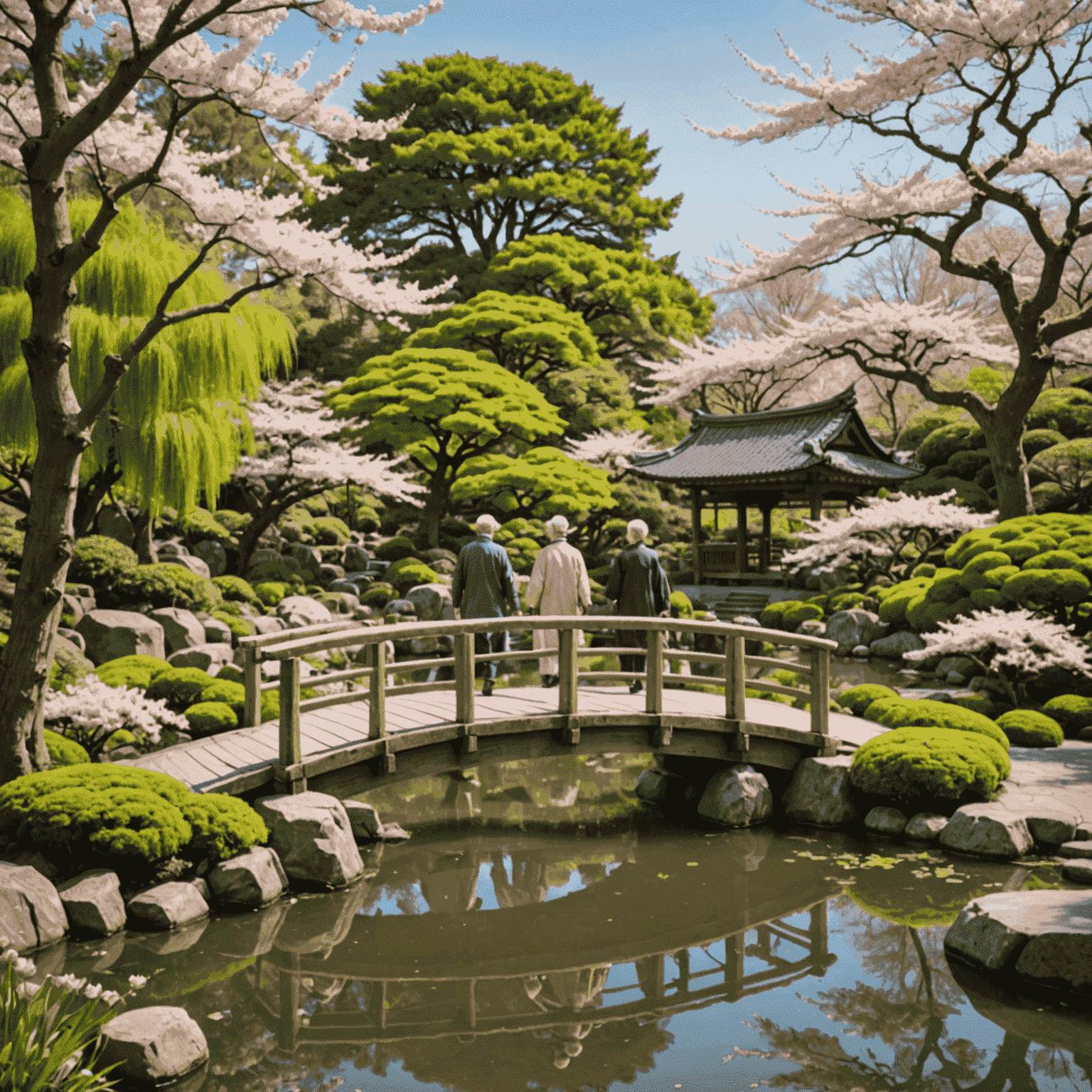 A serene Japanese garden with a wooden bridge over a koi pond, surrounded by cherry blossom trees. An elderly couple is seen walking arm in arm, enjoying the peaceful scenery.