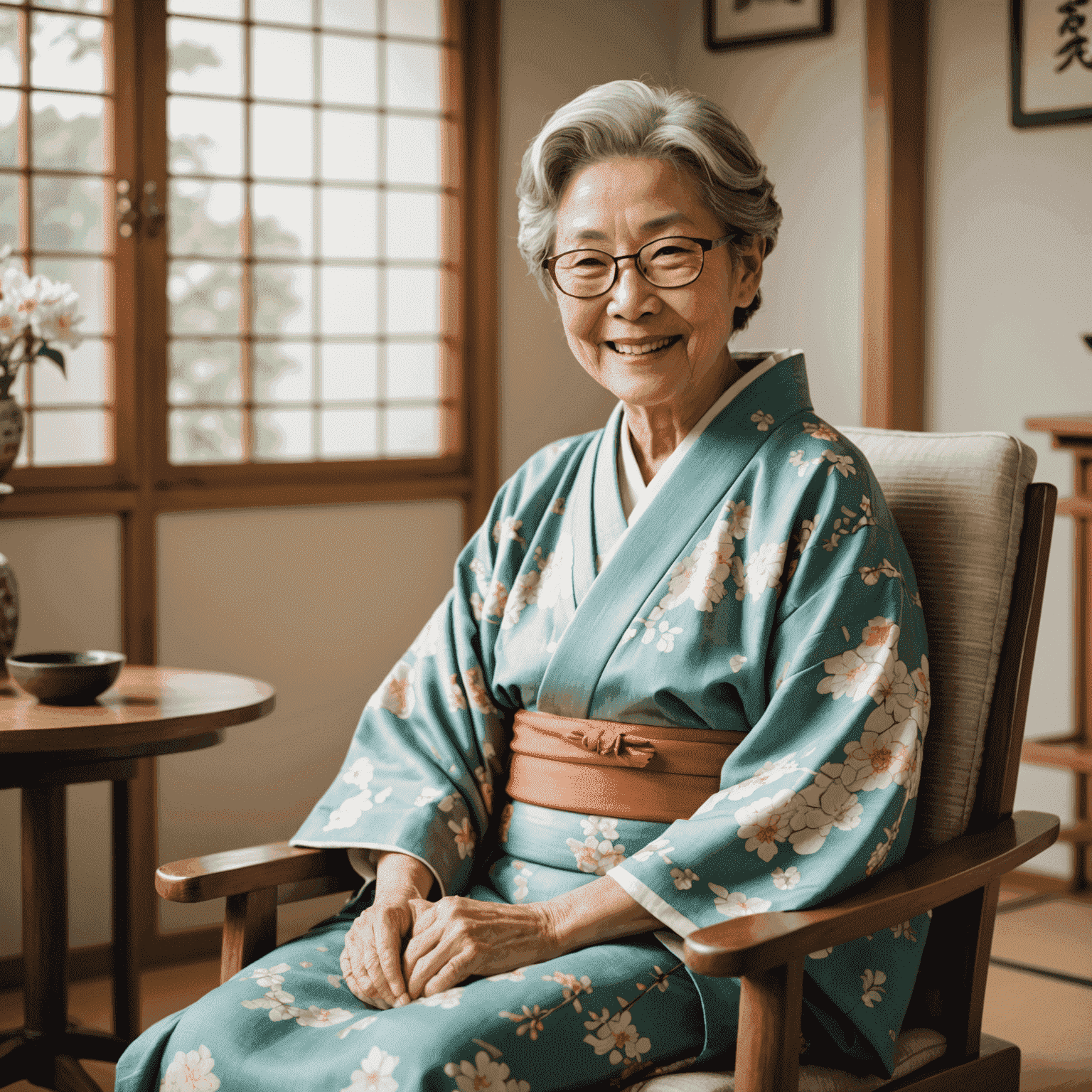 A smiling elderly Japanese woman with short gray hair and glasses, wearing a traditional kimono, sitting in a comfortable chair in a bright, minimalist living room