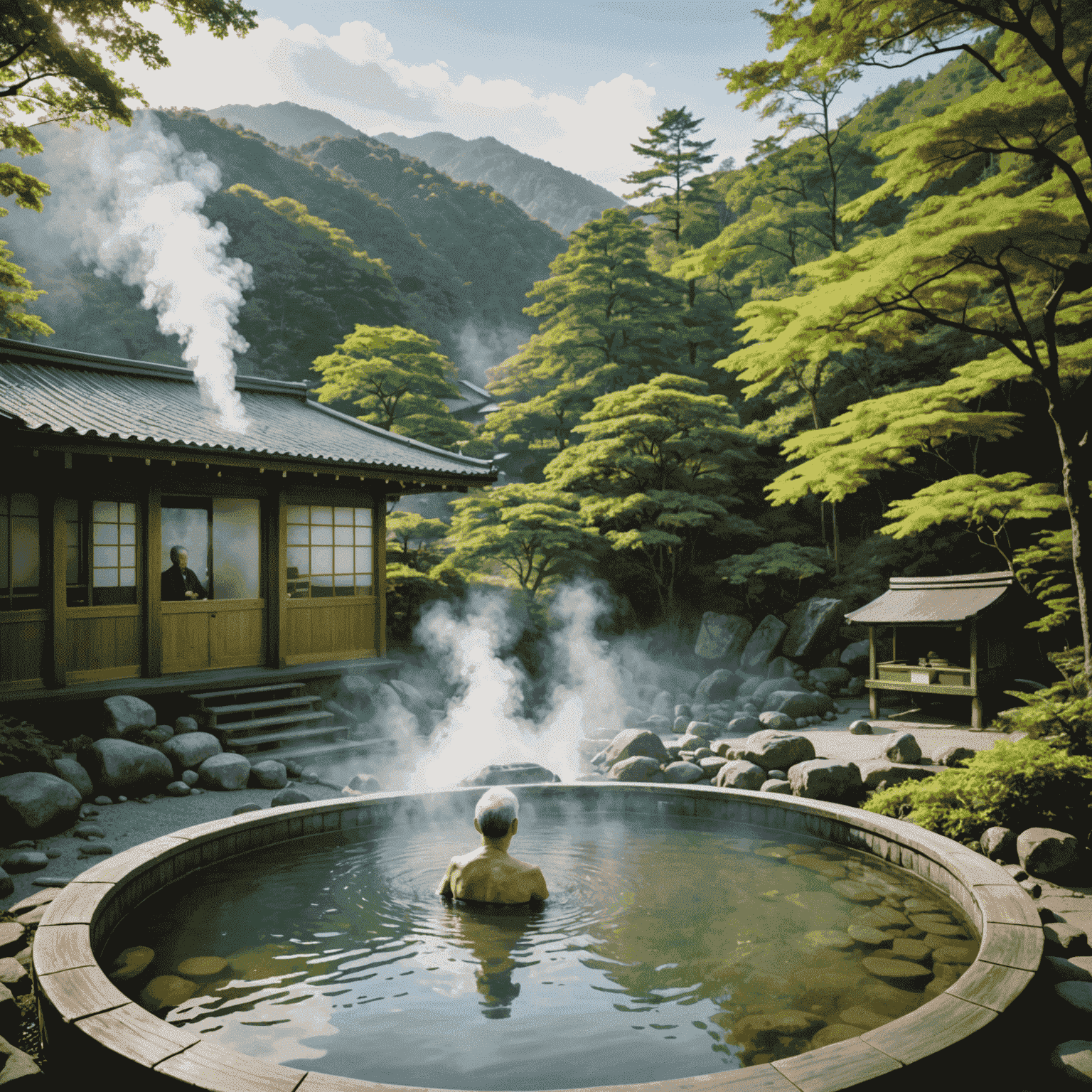 A serene outdoor onsen with steam rising, surrounded by nature, with an older person relaxing in the hot spring