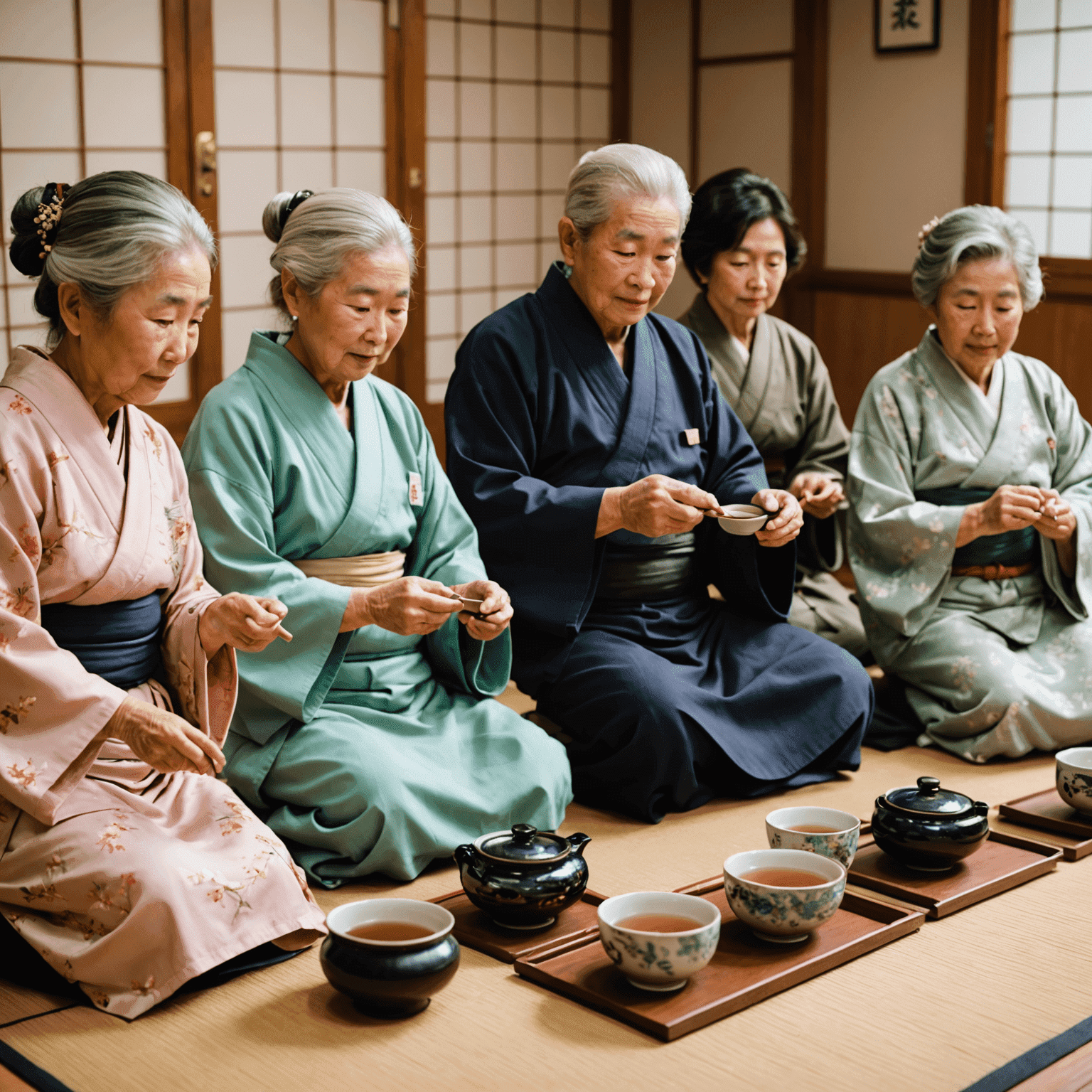 A group of senior citizens participating in a traditional Japanese tea ceremony class, showcasing the joy of lifelong learning and cultural engagement in retirement.