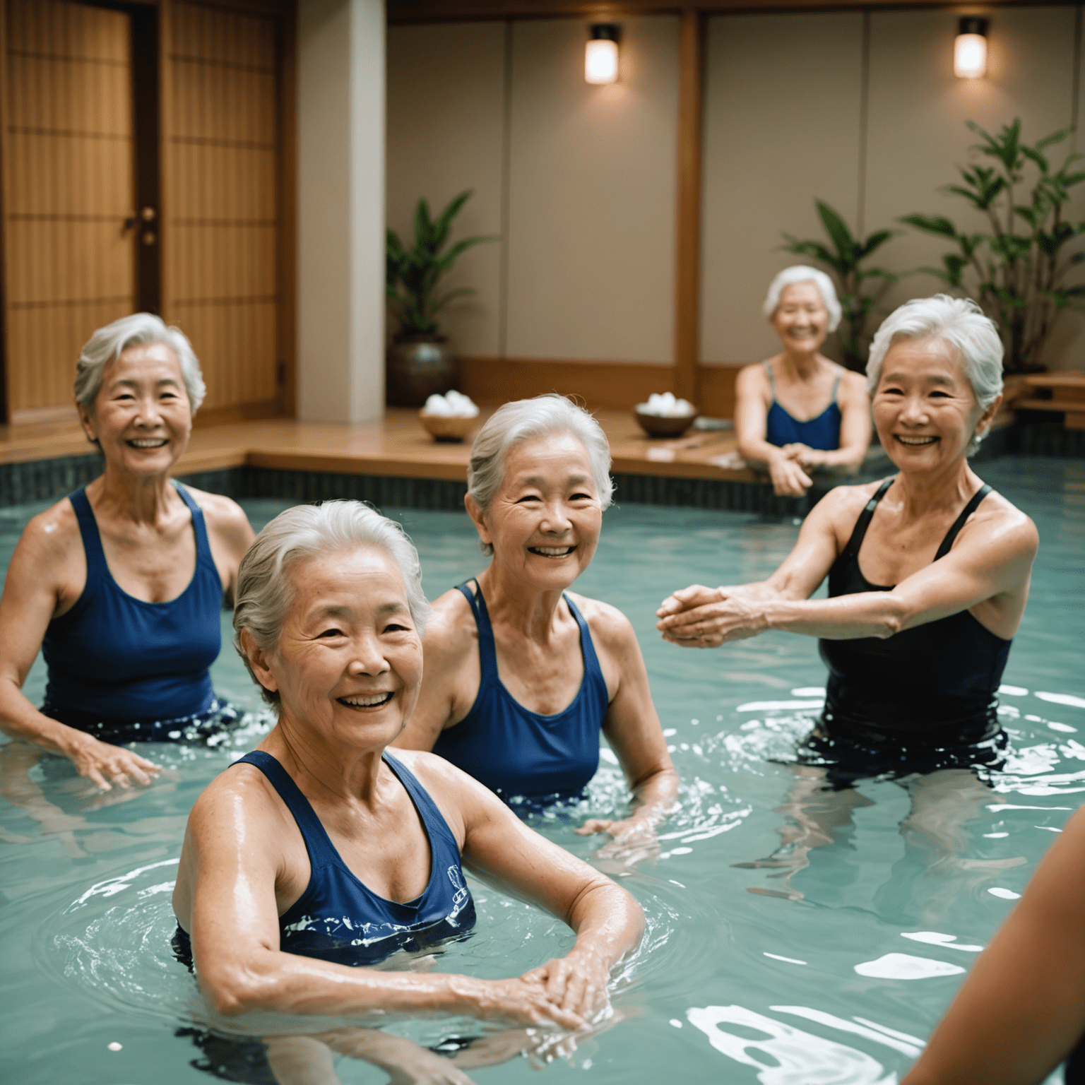 A group of smiling seniors participating in a gentle water exercise class in a large indoor onsen, with an instructor guiding them through movements