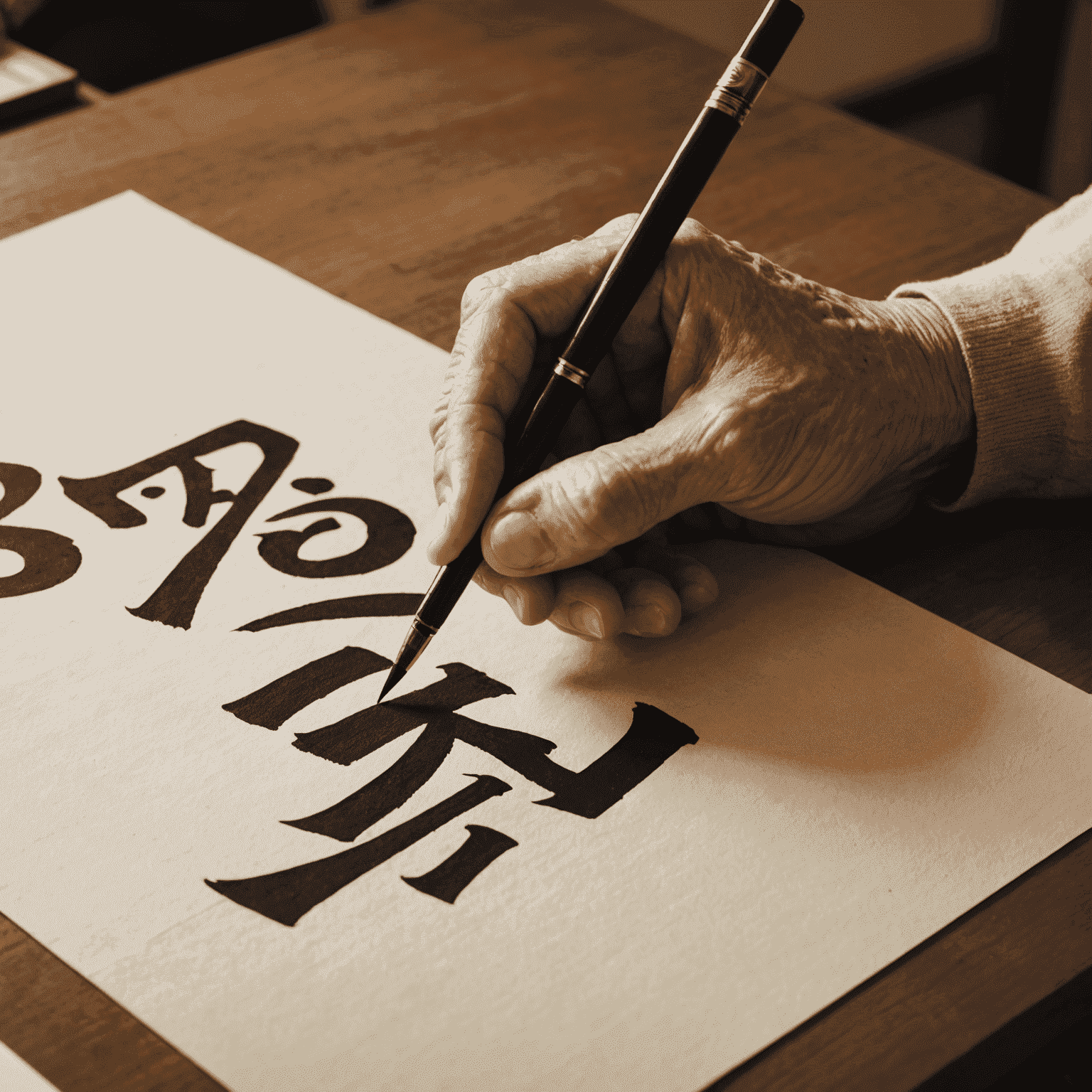 Senior practicing Japanese calligraphy with a brush and ink on traditional paper
