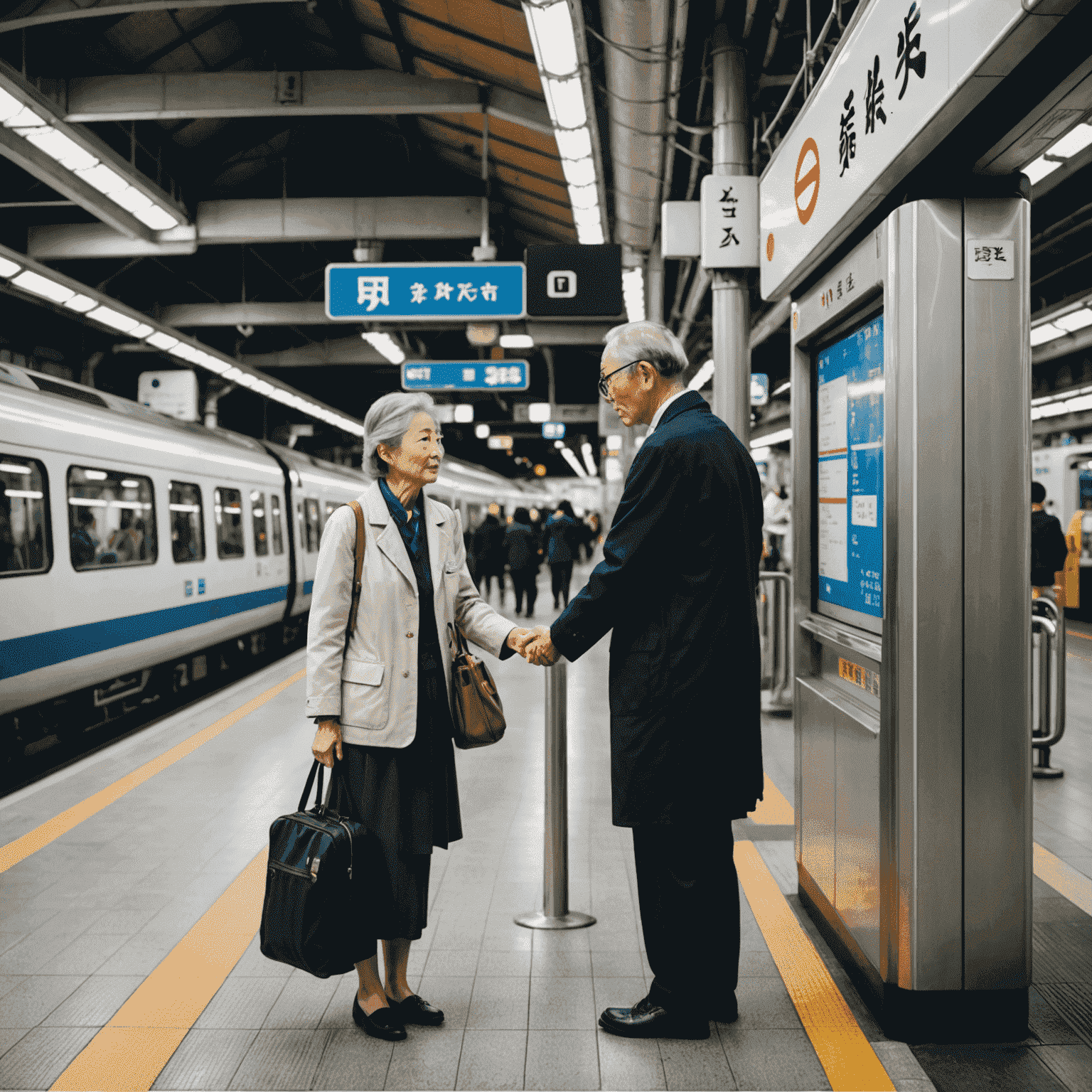 A modern Japanese train station with clear signage in both Japanese and English. An elderly traveler is being assisted by a friendly station attendant.