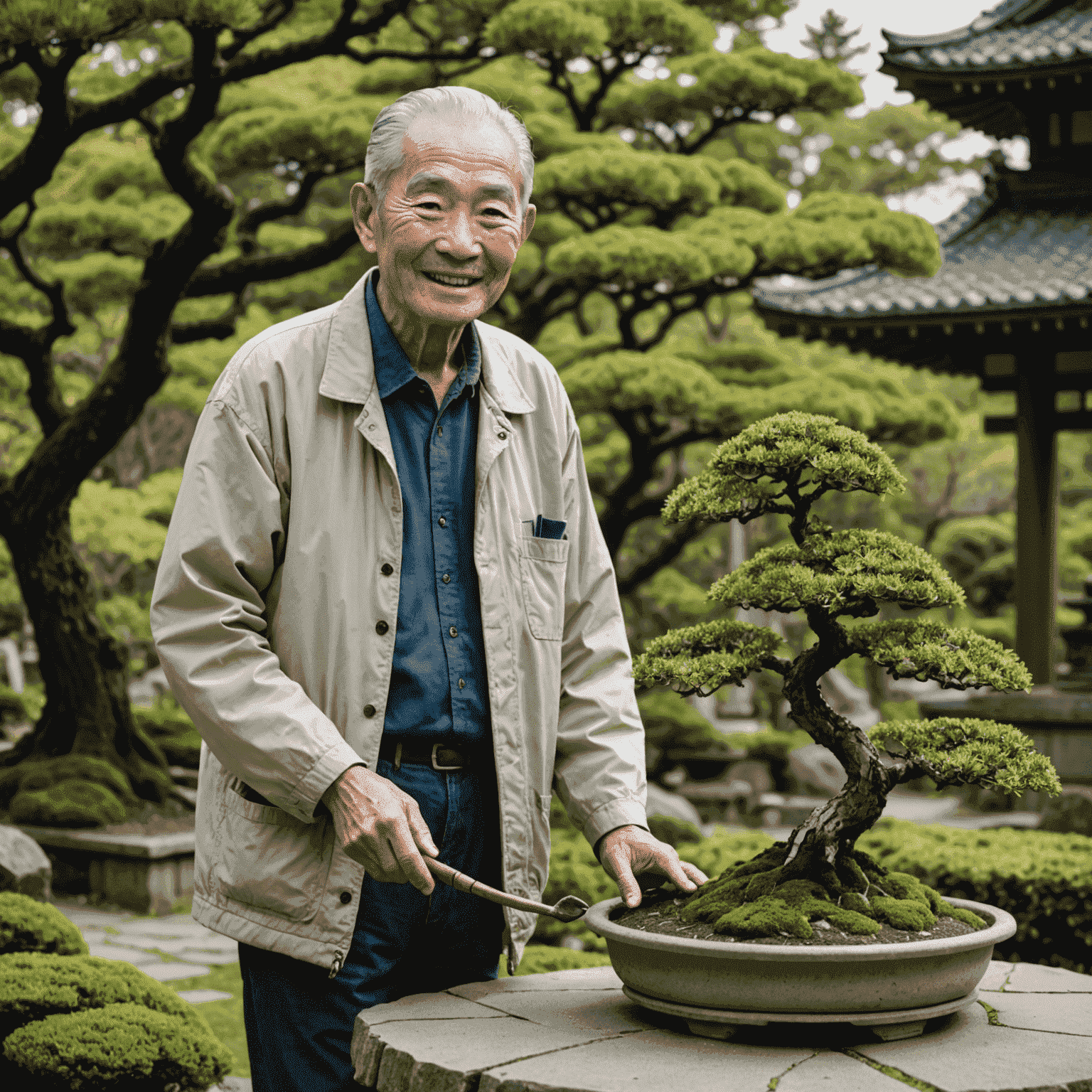 An elderly Japanese man with a kind smile, wearing casual clothing, standing in a Japanese garden with a bonsai tree in his hands