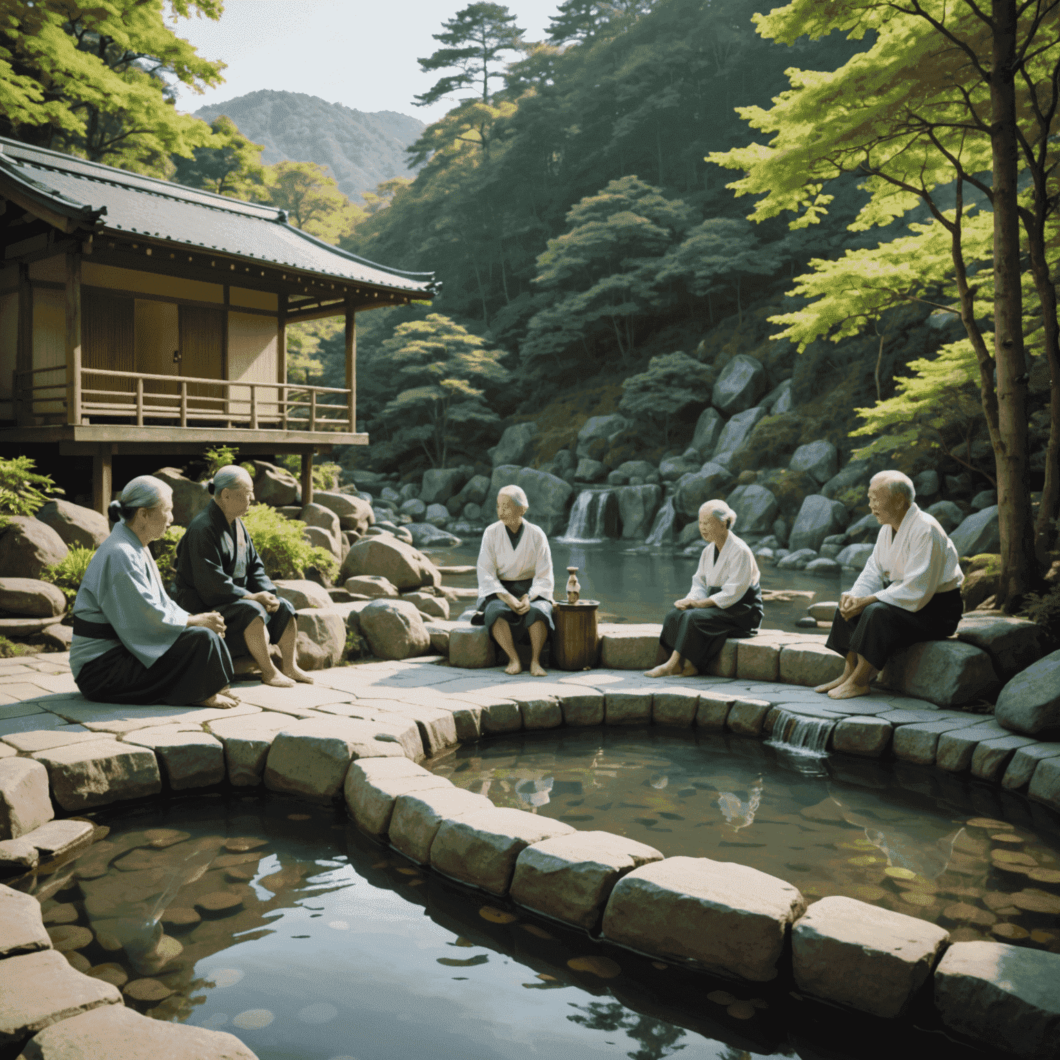 A serene outdoor onsen with elderly people relaxing in the hot spring, surrounded by nature