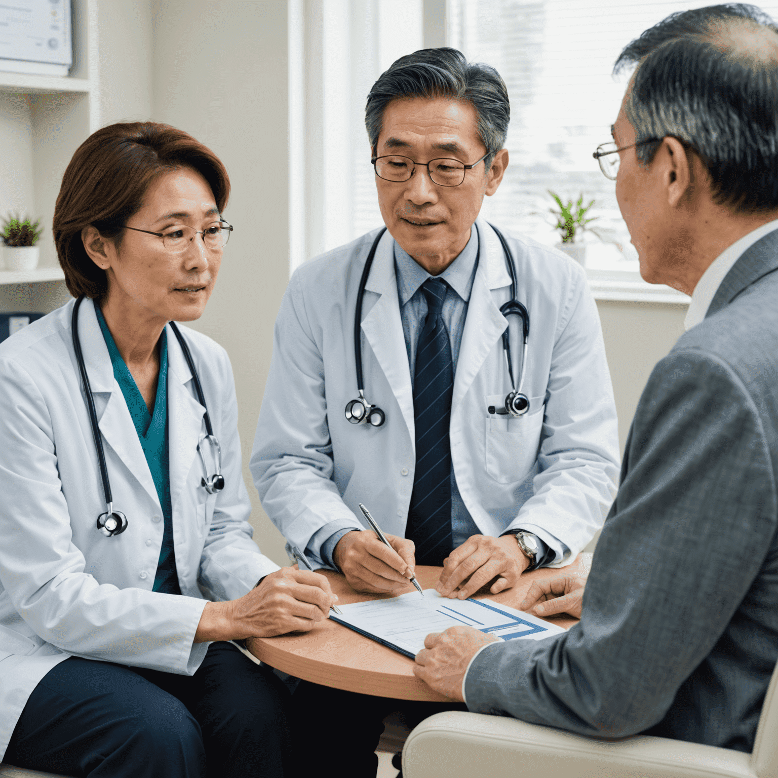 A friendly Japanese doctor explaining healthcare information to a senior foreign couple in a modern clinic setting
