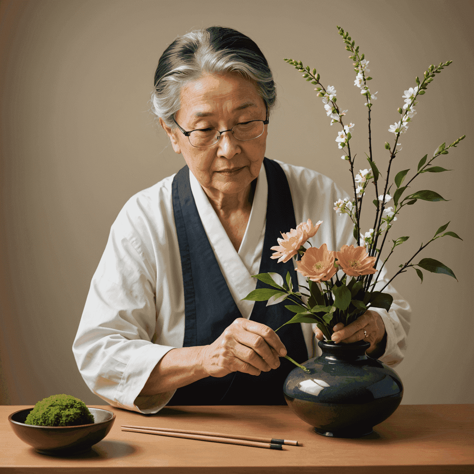 Senior arranging flowers in a traditional Ikebana style with a serene expression