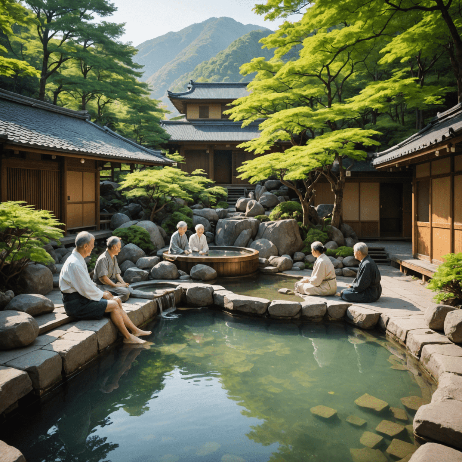 A tranquil hot spring (onsen) setting with senior visitors relaxing in the warm, mineral-rich waters, surrounded by natural beauty.