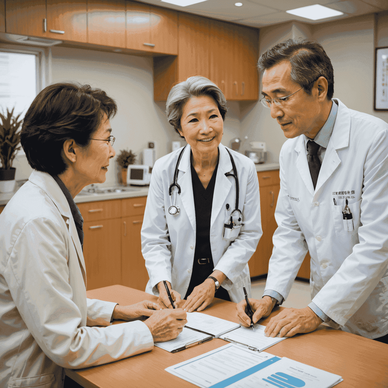 A friendly Japanese doctor explaining healthcare options to a senior foreign couple in a modern clinic