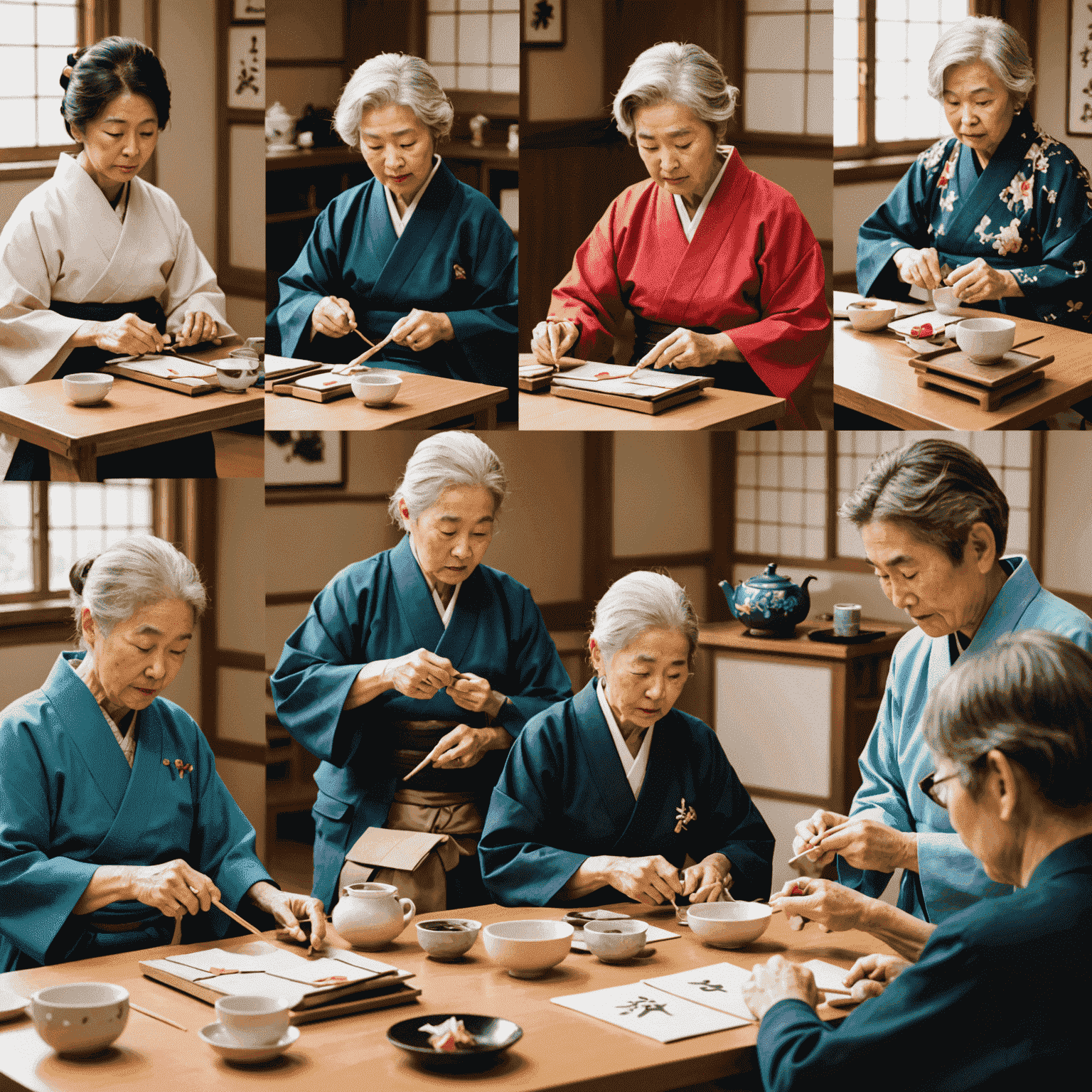 A collage of seniors practicing various Japanese crafts: origami, calligraphy, and participating in a tea ceremony