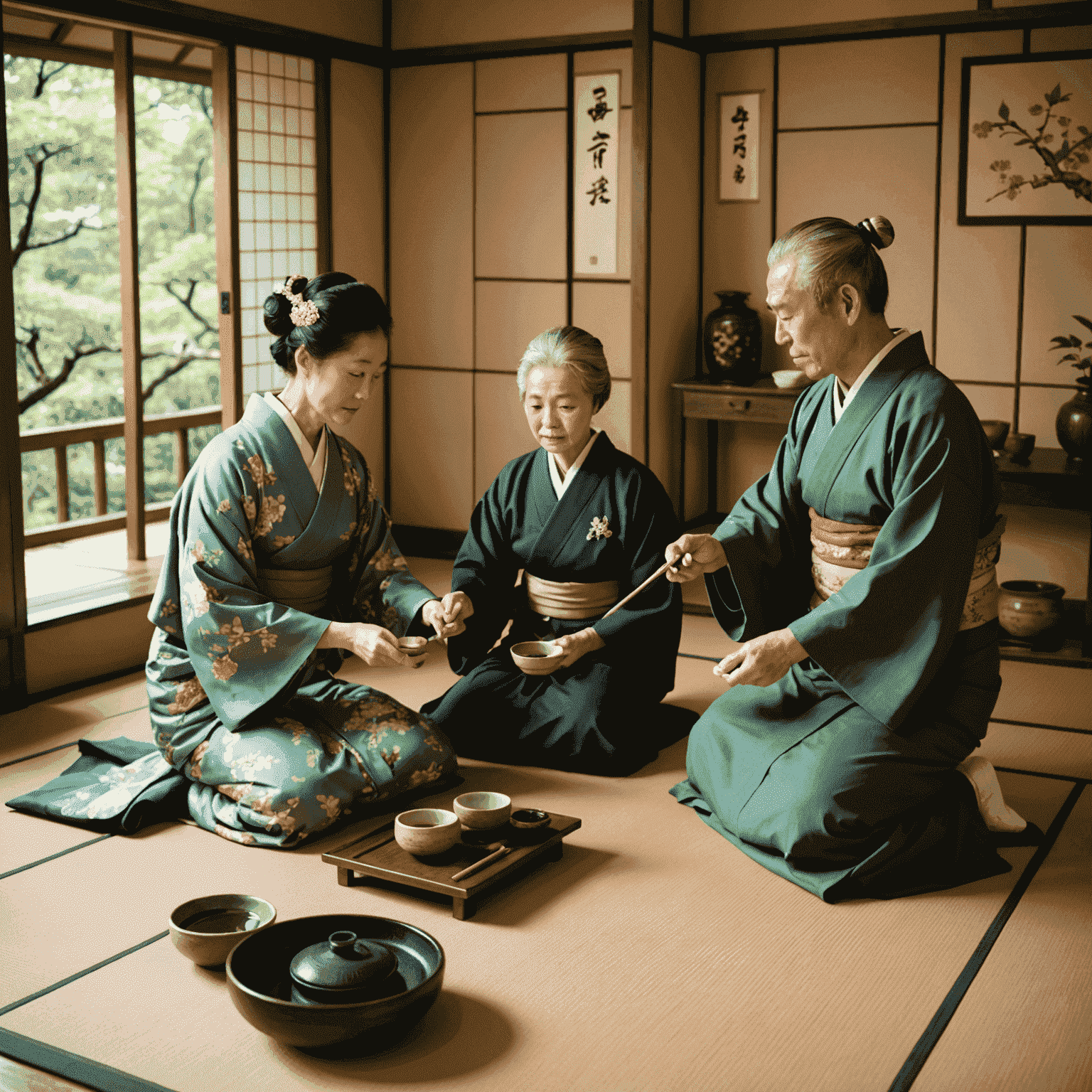 A serene tea ceremony room where an elderly foreign visitor is being taught the art of Japanese tea ceremony by a kimono-clad instructor.