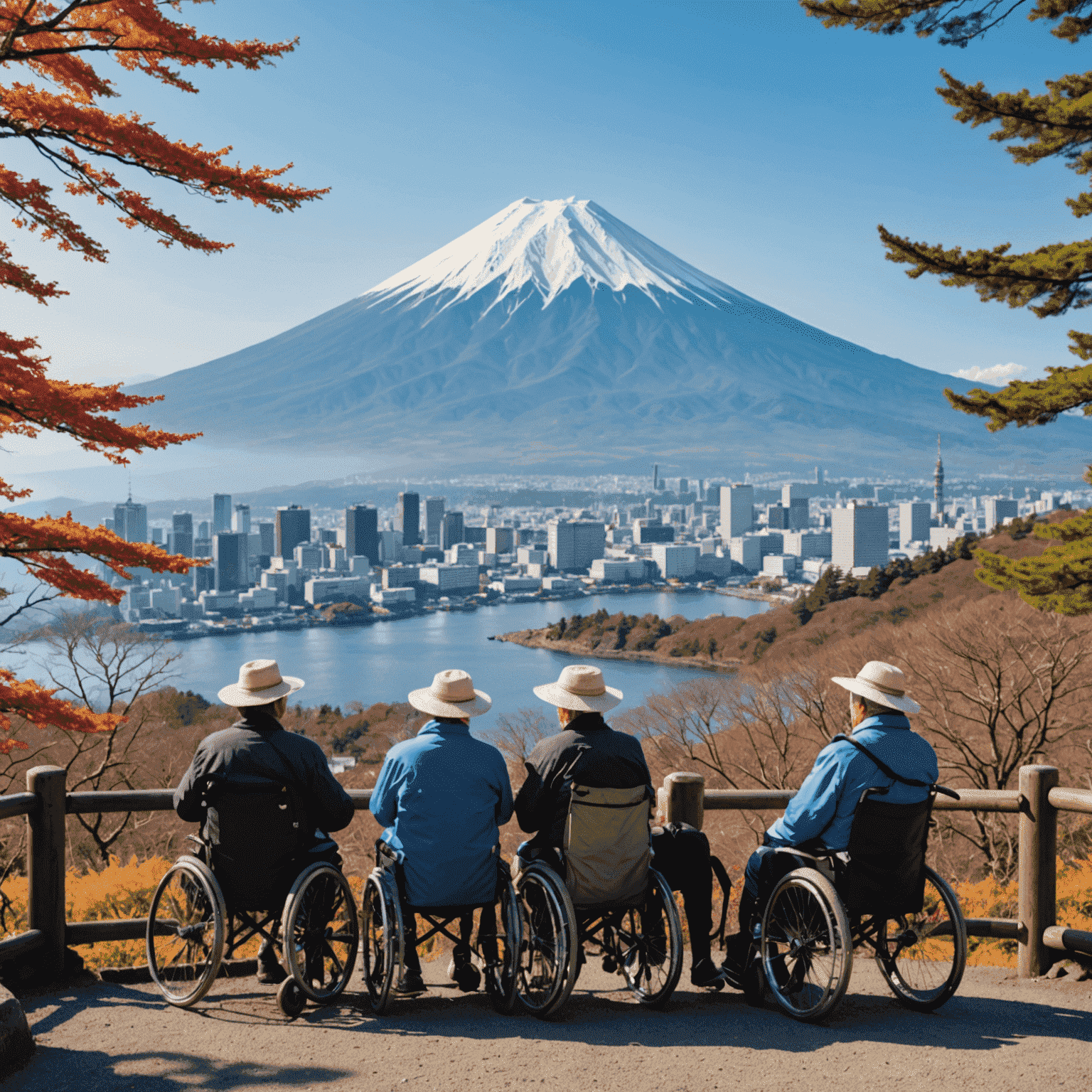 A group of senior travelers enjoying a scenic view of Mount Fuji from an accessible viewpoint